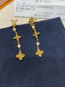 Louis Vuitton LV letra perla cuatro hojas trébol pendientes largos-3832  